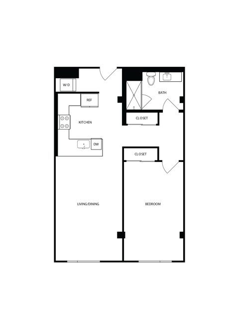 Floor plan for 1 bed, 1 bath, 919 sqft